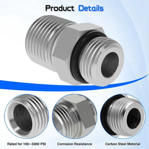 Hydraulic Hose Connector Adapter For Five Eighth Inch ORB Male To One Half Inch NPTF Male, Straight Fitting For Leak Free Hydraulic Line Connections, Precision Machined Durable Universal Compatibility, carbon steel with O-ring