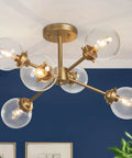 Lit Gold Semi Flush Mount Chandelier For Dining Room And Kitchen, Modern Gold Ceiling Light With Candle Style Orbs In Chic Glass