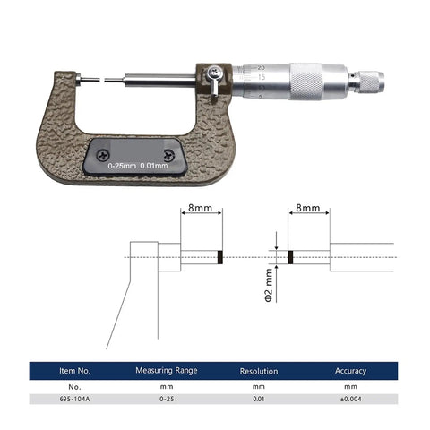 Premium Heavy Duty 0-25mm Small Head Thin Rod Mechanical Outer Diameter Micrometer For Spline Shafts With Dead On 0.01 Precision And Killer Steel Construction, showing measurement details and precision scale.