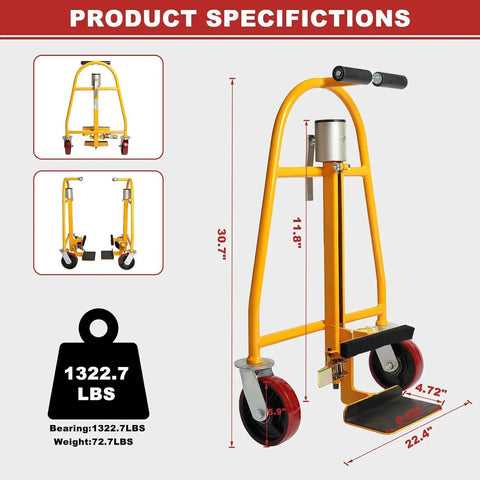 Heavy Duty Manual Furniture Mover Tool Set And Rugged Moving Dollies With Solid 1300 Lb Load Capacity Plus 12 Inch Lift Height For Slippery Smooth Package Handling Gear Doing The Heavy Lifting No Sweat At All with detailed specifications shown.
