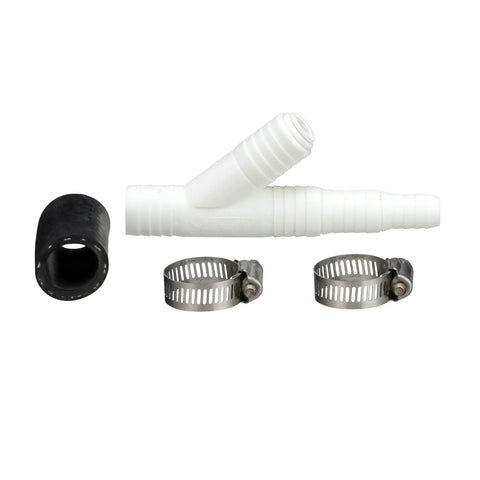 Universal Dishwasher Drain Line To Garbage Disposal Adapter Kit with fittings, hose coupler, and stainless steel clamps