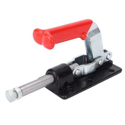 Heavy Duty Push Pull Toggle Clamp Delivering Knockout Grip And Quick Release Action For Rock Solid Welding Jigs and Real World Garage Shop Work Industrial Grade Holding Tool with red handle.