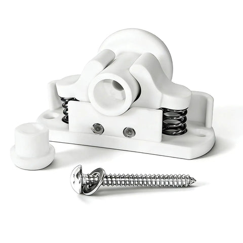 Durable Nylon Door Retainer Catch Clips For Caravans And Motorhomes, white clip, spring mechanism, easy install, quiet usage.