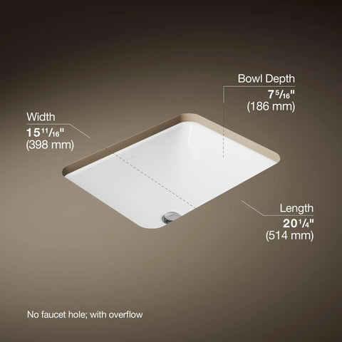 Roomy Rectangular Undermount Bathroom Sink With Overflow Drain Crafted From Hella Durable Vitreous China For An Easy Vanity Setup Bringing Straight Up White Finish and dimensions displayed.