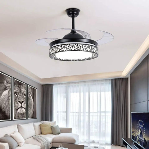 42 Inch Modern Ceiling Fan With Light And Retractable Blades, LED chandelier style in living room, black fandelier
