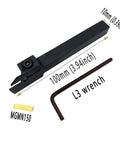 Three Eighths Inch Grooving Tool Holder Set With MGMN150 Inserts showing holder, MGMN150 insert, and L3 wrench
