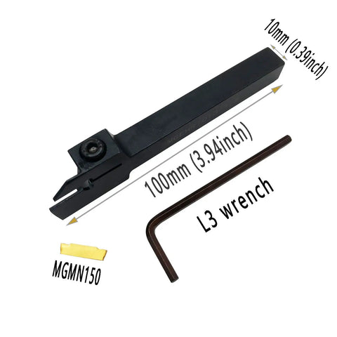 Three Eighths Inch Grooving Tool Holder Set With MGMN150 Inserts showing holder, MGMN150 insert, and L3 wrench