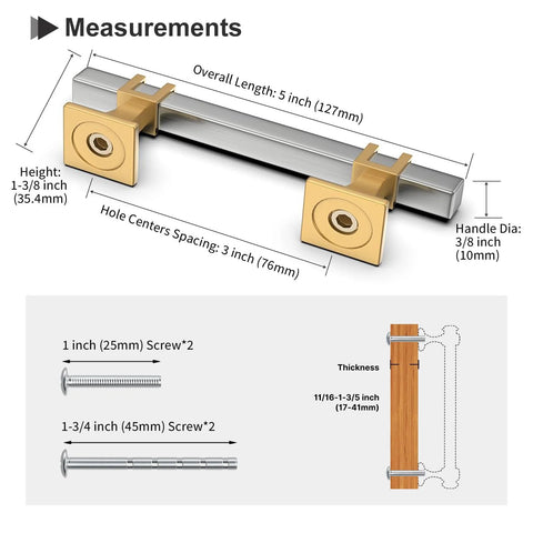 Diagram showing measurements of 12 Pack Two Tone Cabinet Pulls With 3 Inch Hole Centers Brushed Nickel And Gold Zinc Alloy Square Tube Handles