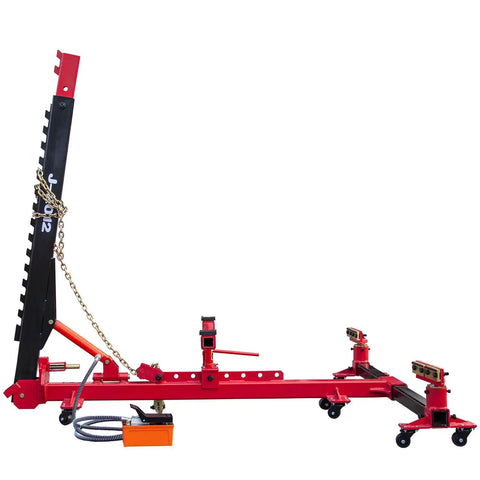 Heavy Duty Auto Body Frame Puller 5 Ton 49kN Straightener and Dent Repair Tool, red frame, adjustable post, wheels, for car restoration