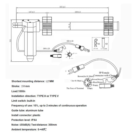 Schematic of Quiet Electric Recliner Actuator Kit With 230MM Stroke DC29V Power showing dimensions and installation details.
