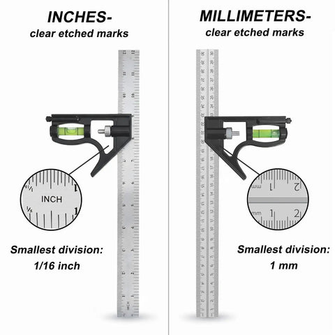 12 Inch Heavy Duty Combination Square With Integrated Vial Level And Dual Metric Imperial Ruler Scales featuring etched inch and millimeter markings.