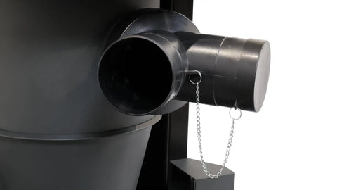 Top Shelf Cyclone Dust Collector With 1 5HP Motor And 110V Power Featuring thermal overload protection, close-up of exhaust port and chain.