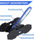 Brake Caliper Press Tool With 360 Degree Swing Ratchet Piston Spreader And 2 Extra Steel Plates showing blue cushion lever handle and steel parts.