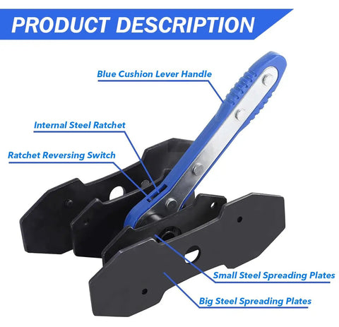 Brake Caliper Press Tool With 360 Degree Swing Ratchet Piston Spreader And 2 Extra Steel Plates showing blue cushion lever handle and steel parts.