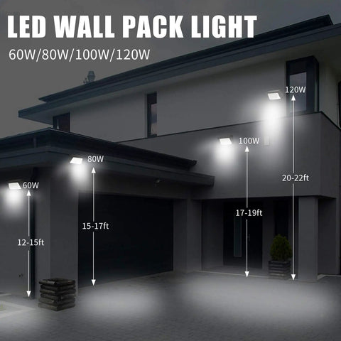 High Output LED Wall Pack Light 120W 15600LM 5000K Dusk to Dawn Photocell on building exterior at night