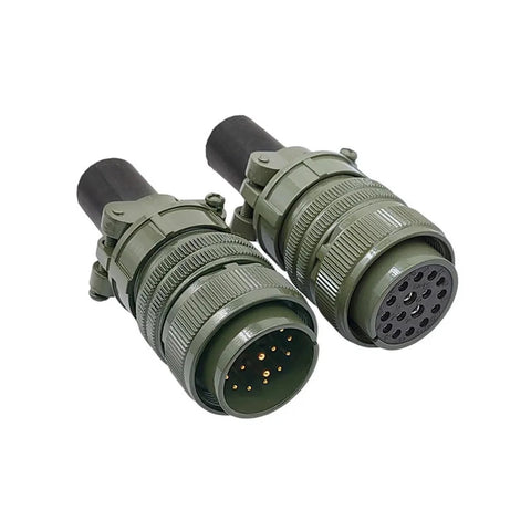 Front-side view of two olive-drab MIL-C-5015 circular connectors with 24-28 pin contacts and screw-lock collars