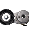 Top Notch Heavy Duty Serpentine Drive Belt Tensioner Assembly Kit For Dodge And Jeep Models Keeps Your Engine Running Smooth Like New Fix The Squeaky Noise Immediately And Save Serious Cash Doing The Job Yourself In The Driveway. close-up metal tensioner assembly with pulley