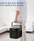 Person carrying Portable Countertop Ice Maker That Cranks Out Bullet Ice In 6 Minutes with handle in home setting.
