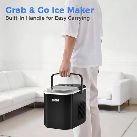 Person carrying Portable Countertop Ice Maker That Cranks Out Bullet Ice In 6 Minutes with handle in home setting.
