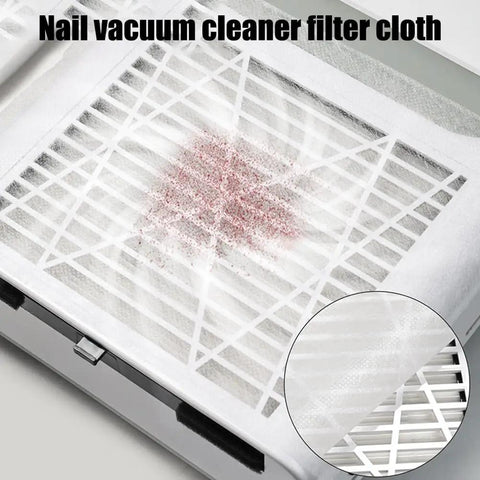 100 Pack Disposable Nonwoven Filter Cloths For Nail Vacuum Cleaners showing dust capture on white sheets.
