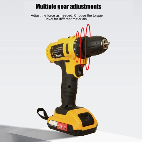 Heavy Hitter Cordless Power Drill And High Torque Workhorse For Hassle Free Woodworking And Crafting Tasks With Quick Release Chuck And Smooth Industrial Motor Punch showing multiple gear adjustments and keyless chuck.