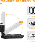 Two Pack 185W LED Garage Lights Plug In Black Hanging Shop Light With 6 Adjustable Foldable Panels demonstrating lighting angles