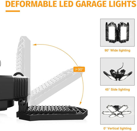Two Pack 185W LED Garage Lights Plug In Black Hanging Shop Light With 6 Adjustable Foldable Panels demonstrating lighting angles
