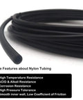 Pro Grade Nylon Pneumatic Air Line Tubing 8 Mm Outer Diameter 5 16 Inch Black Air Hose coiled with features listed.