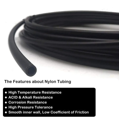 Pro Grade Nylon Pneumatic Air Line Tubing 8 Mm Outer Diameter 5 16 Inch Black Air Hose coiled with features listed.