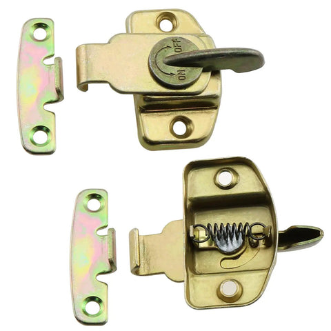 2 Pack Pro Level Table Connectors And Lock Clamps For Extension Dining Tables Conference Workstations Built Different Iron Hardware No Sweat Install Routine Zinc, close-up of locking hardware with colorful finish.