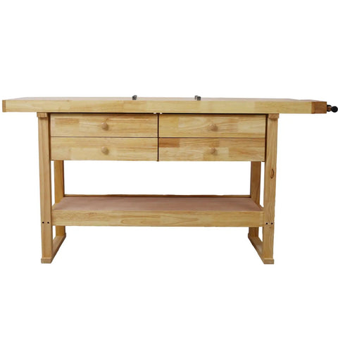 Sixty Inch Heavy Duty Wooden Workbench Featuring Four Deep Drawers For Garage Workshop And Home Use Paired With A Hella Tough Pack Of Four 12 Inch Bar Clamps Drop Forged Steel Welding Table Ready - front view displaying drawers