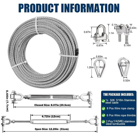 Heavy Duty Fifty Foot Three Sixteenth Inch Stainless Steel Wire Rope Kit With Two Quarter Turnbuckles Clamps And Thimbles