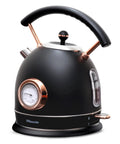 Retro Electric Kettle 1.8L Matte Black And Rose Gold Stainless Steel Body Fast 1500W Quiet Boil Temperature Gauge Auto Shut Off Boil Dry Protection For Tea Coffee And Hot Water