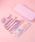 Pink Kawaii Stationery Set 9 Plus 1 Piece Kit With Cat Paw Design on pink background with pens, ruler, erasers, and case