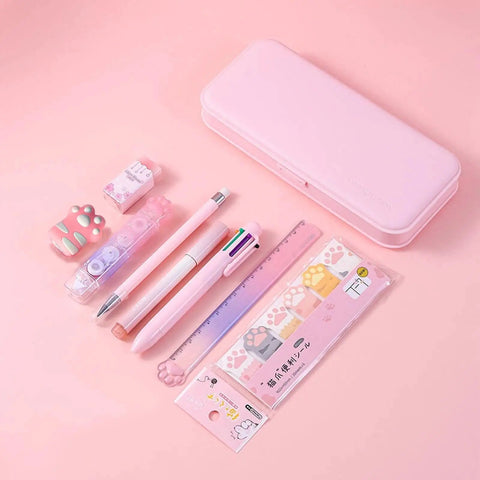 Pink Kawaii Stationery Set 9 Plus 1 Piece Kit With Cat Paw Design on pink background with pens, ruler, erasers, and case