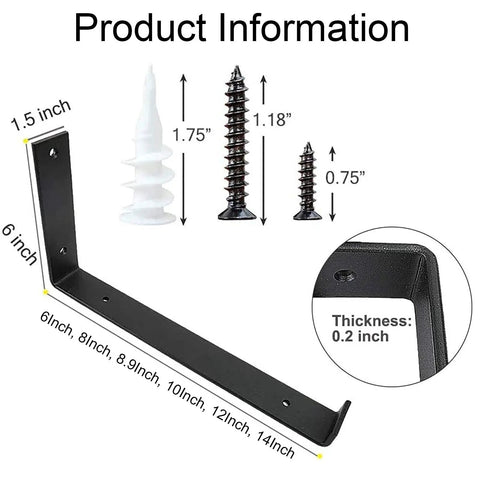 Knockout Heavy Duty Shelf Brackets For Floating Shelves Built Like A Tank With Solid As A Rock Iron Design Slick Industrial Wall Mount Brackets Black, dimensions and screw details.