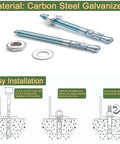 Heavy Duty Half Inch By Three Inch Wedge Anchors Zinc Coated For Concrete Walls And Cement Bases 10 Pcs Carbon Steel Anchors Resistant To Deformation And Rust Ideal For Bathrooms Laundry Rooms And Humid Environments, shown with installation steps and components.