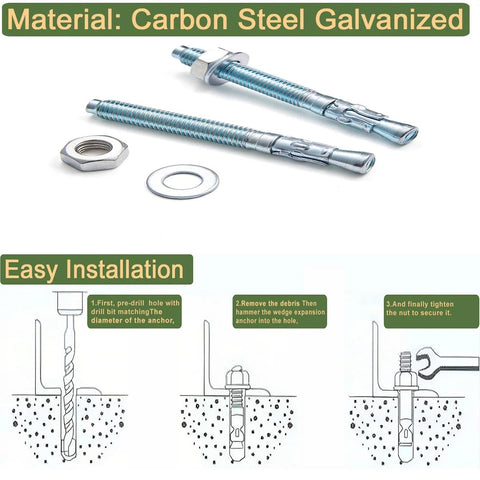 Heavy Duty Half Inch By Three Inch Wedge Anchors Zinc Coated For Concrete Walls And Cement Bases 10 Pcs Carbon Steel Anchors Resistant To Deformation And Rust Ideal For Bathrooms Laundry Rooms And Humid Environments, shown with installation steps and components.