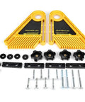 Heavy Duty Table Saw Featherboard Keeps Boards Locked Tight Without The Sweat Features a plastic frame and wing clamps.