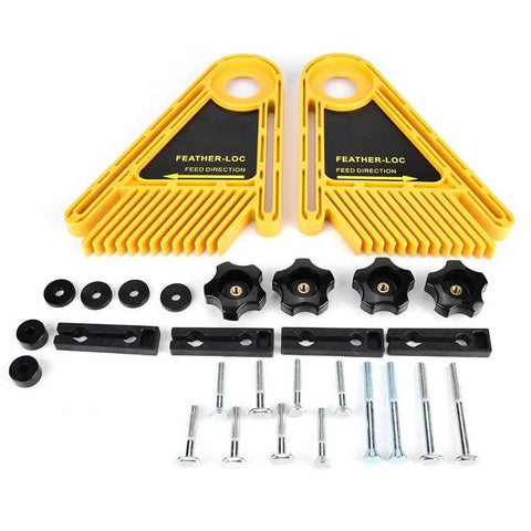 Heavy Duty Table Saw Featherboard Keeps Boards Locked Tight Without The Sweat Features a plastic frame and wing clamps.