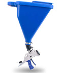 SharpShooter 2.1 Texture Sprayer With 2 Gallon Hopper No Fuss Dial Adjustments 45 Degree Angle Adapter Reduced Overspray Nylon Sprayer For Texture Coat Made In The USA SS21 showing blue hopper and gun