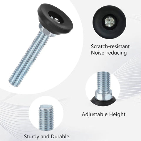 Solid 4 Pack Three Eighths Inch Sixteen Thread Furniture Levelers, 50mm Adjustable Screw In Feet, beefy galvanized steel, anti-slip base