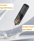 Handheld Milk Frother With Cover, 15 Second Silent Drink Mixer, Travel Ready Battery Powered Stainless Steel Whisk For Coffee Matcha And Shakes, Ultra Fast Foam In Seconds, Compact On The Go Foam Maker, showing whisk in action with milk splash.