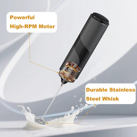 Handheld Milk Frother With Cover, 15 Second Silent Drink Mixer, Travel Ready Battery Powered Stainless Steel Whisk For Coffee Matcha And Shakes, Ultra Fast Foam In Seconds, Compact On The Go Foam Maker, showing whisk in action with milk splash.
