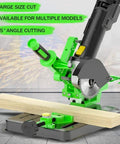 Universal Angle Grinder Stand Converter And Workstation Bracket For 100 115 125mm Grinders Polishing And Cutting Multi Angle Desktop Mount With Pull Rod Fits Two Sided M8 M10 Holes in use cutting wood at a 45-degree angle.
