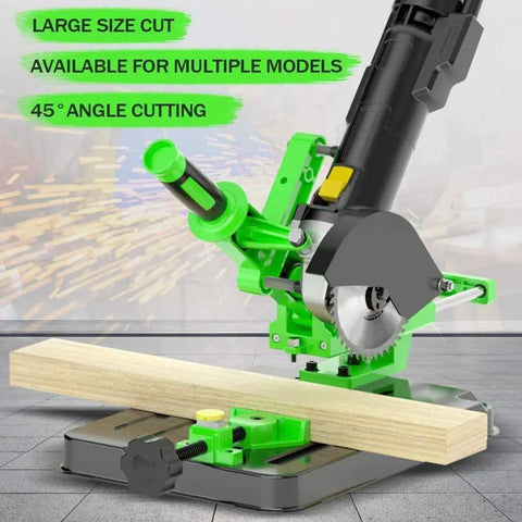Universal Angle Grinder Stand Converter And Workstation Bracket For 100 115 125mm Grinders Polishing And Cutting Multi Angle Desktop Mount With Pull Rod Fits Two Sided M8 M10 Holes in use cutting wood at a 45-degree angle.
