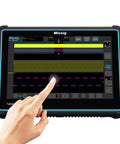 On The Go 4 Channel Oscilloscope With 100 MHz Bandwidth And 1 Giga Samples Per Second Sampling Rate Portable Handheld Scope With A 10 Inch Touch Screen Built For Field Work And Tinkering shown in use with hand on screen.