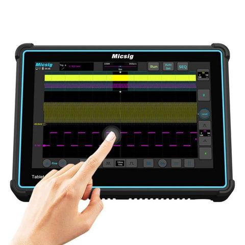 On The Go 4 Channel Oscilloscope With 100 MHz Bandwidth And 1 Giga Samples Per Second Sampling Rate Portable Handheld Scope With A 10 Inch Touch Screen Built For Field Work And Tinkering shown in use with hand on screen.