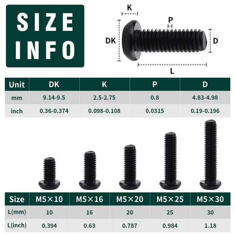 Premium M5 Black Torx Security Screws Kit With Matching Bit Made From 304 Stainless Steel Button Heads size info chart.