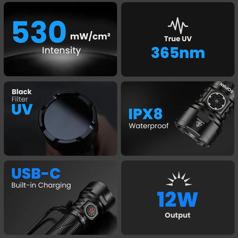 Rechargeable 365nm UV Blacklight Flashlight With ZWB2 Filter IPX8 Waterproof features and specifications